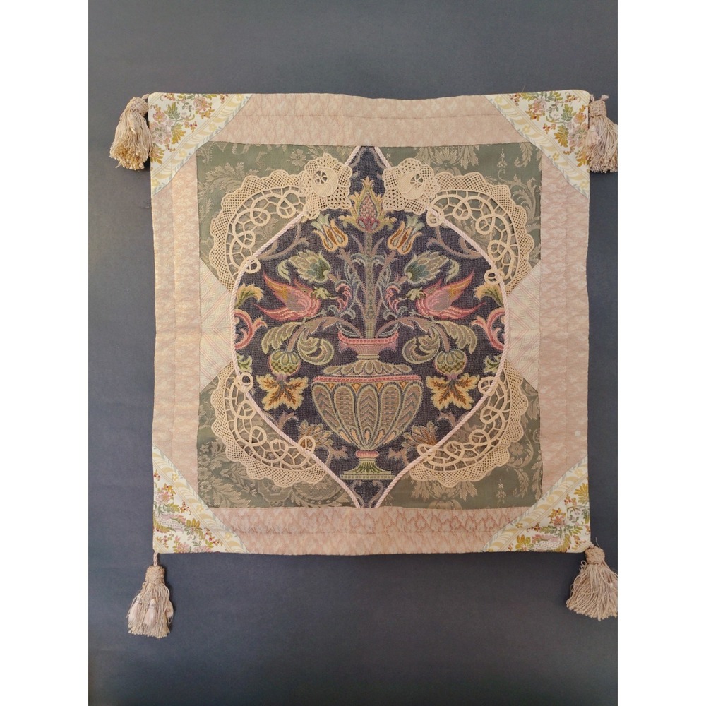 Vtg Floral Tapestry Pillow Cover Lace Appliqué Tassel Decor Victorian Style